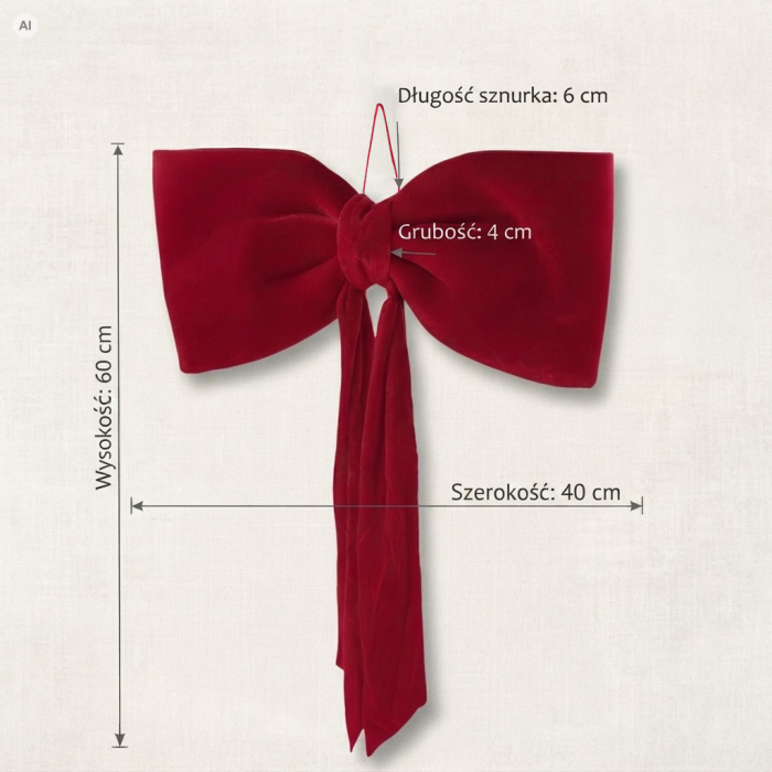 Welurowa kokarda w kolorze głębokiej czerwieni z naniesionymi wymiarami technicznymi 60 cm wysokości oraz 40 cm szerokości.