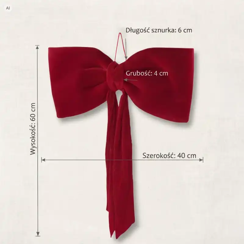 Welurowa kokarda w kolorze głębokiej czerwieni z naniesionymi wymiarami technicznymi 60 cm wysokości oraz 40 cm szerokości.