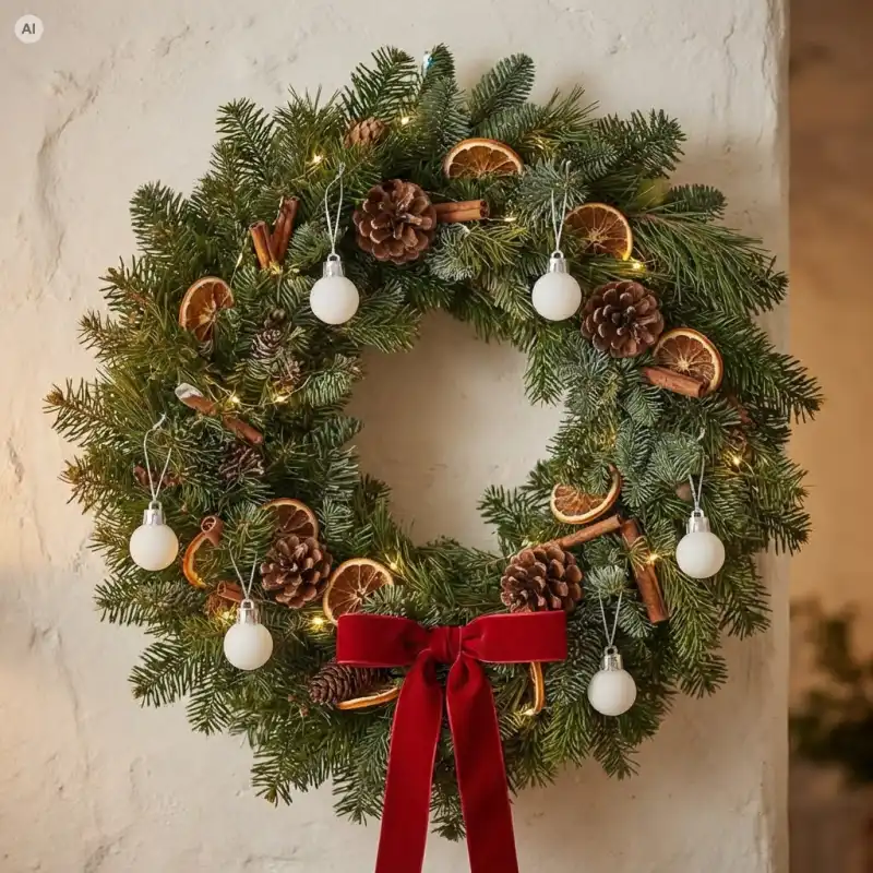 Świąteczny wieniec na drzwi udekorowany zielonymi gałązkami, szyszkami, suszonymi plastrami pomarańczy, cynamonem oraz białymi bombkami o średnicy 3 cm.