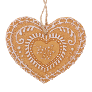 Świąteczna zawieszka serce z piernika o wymiarach 9x8 cm. Dekoracja posiada naturalny kolor i precyzyjne wzory imitujące biały lukier na powierzchni.