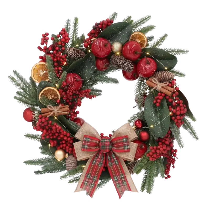 Wianek świąteczny Trend Deco ozdobiony kokardą, owocami i gałązkami.