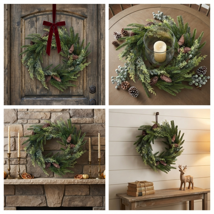 Kolaż pokazujący świąteczny wianek dekoracyjny 40 cm Trend Deco w różnych wnętrzach.