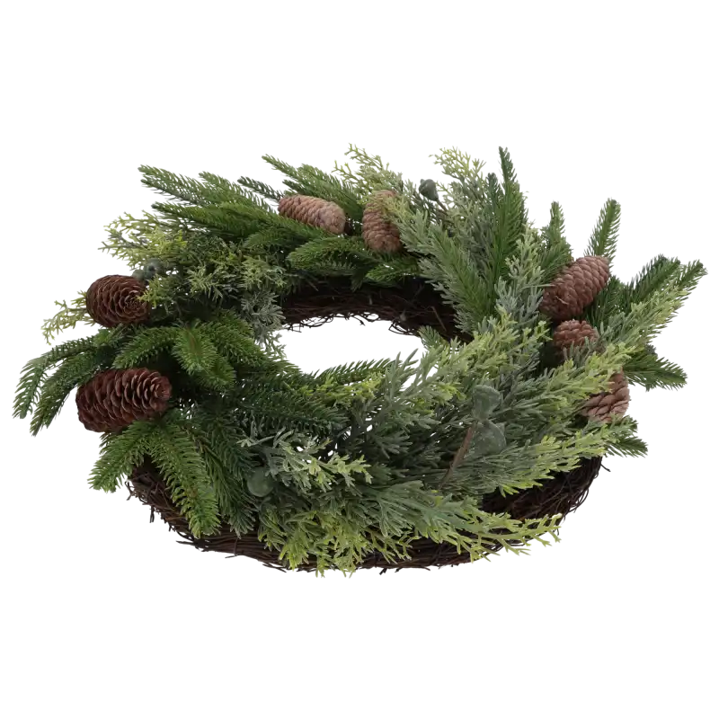 Świąteczny wianek dekoracyjny 40 cm Trend Deco ułożony płasko z widocznym splotem gałązek.