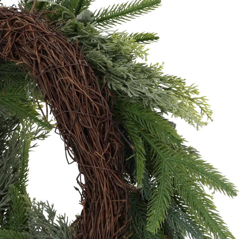 Makro detal naturalnego podkładu gałązek w świątecznym wianku Trend Deco.