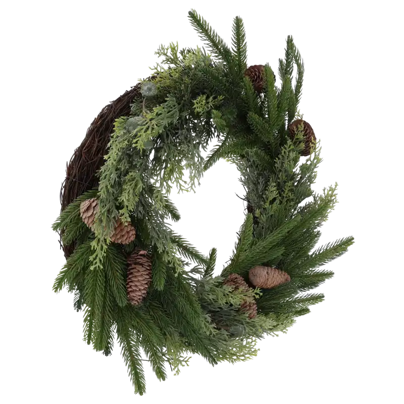 Świąteczny wianek dekoracyjny 40 cm Trend Deco pokazany od spodu z naturalną bazą.