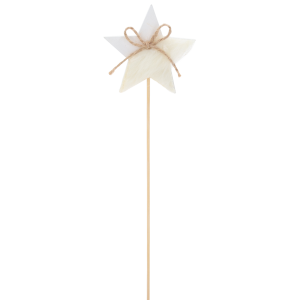 Biała drewniana gwiazda na piku 26 cm Trend Deco na czarnym tle.