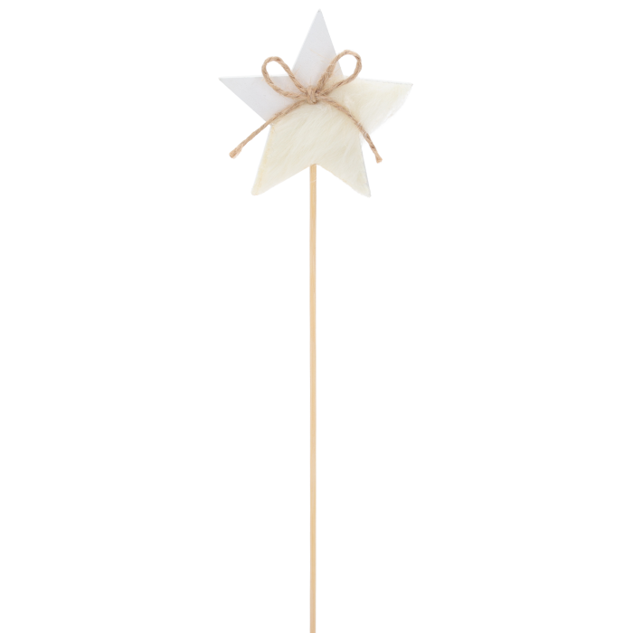 Biała drewniana gwiazda na piku 26 cm Trend Deco na czarnym tle.