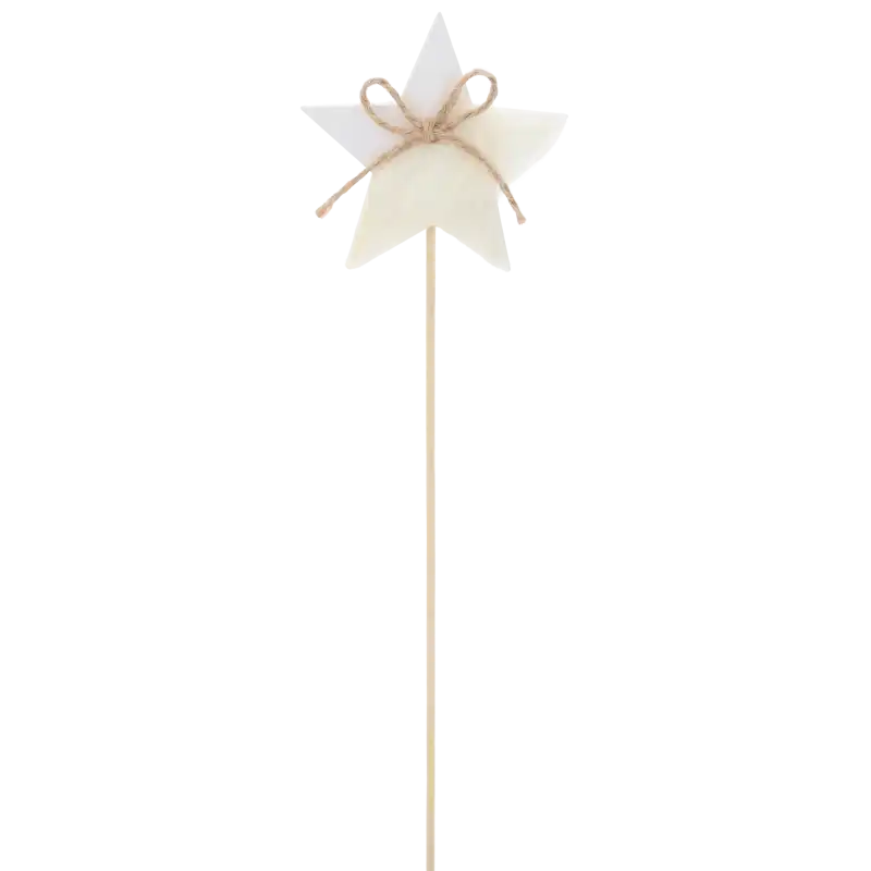 Biała drewniana gwiazda na piku 26 cm Trend Deco na czarnym tle.