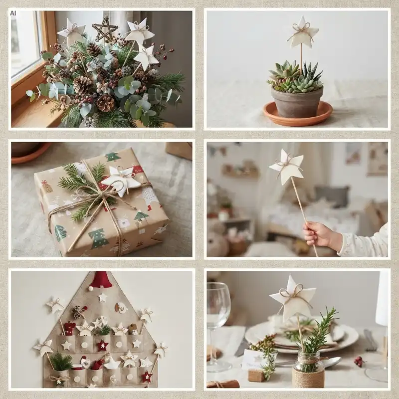 Kolaż zdjęć prezentujący aranżacje z białą drewnianą gwiazdą na piku od Trend Deco.
