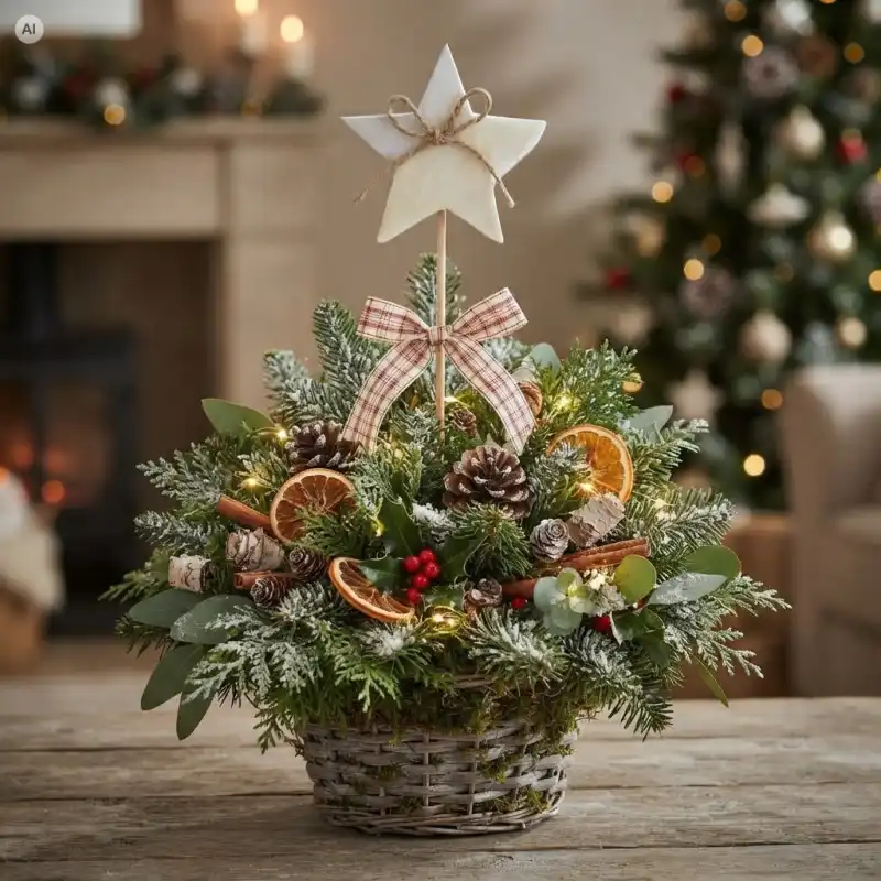 Bożonarodzeniowa kompozycja florystyczna ozdobiona białą drewnianą gwiazdą na piku Trend Deco.