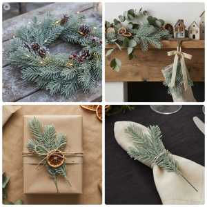 Kolaż zdjęć prezentujący gałązkę bożonarodzeniową świerk 20 cm Trend Deco w różnych świątecznych aranżacjach.