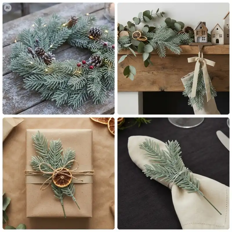 Kolaż zdjęć prezentujący gałązkę bożonarodzeniową świerk 20 cm Trend Deco w różnych świątecznych aranżacjach.