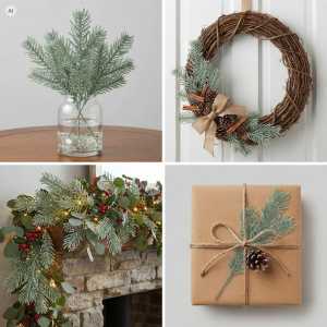 Kolaż przedstawiający gałązkę bożonarodzeniową świerk 20 cm Trend Deco w szklanym wazonie, na wieńcu i prezencie.