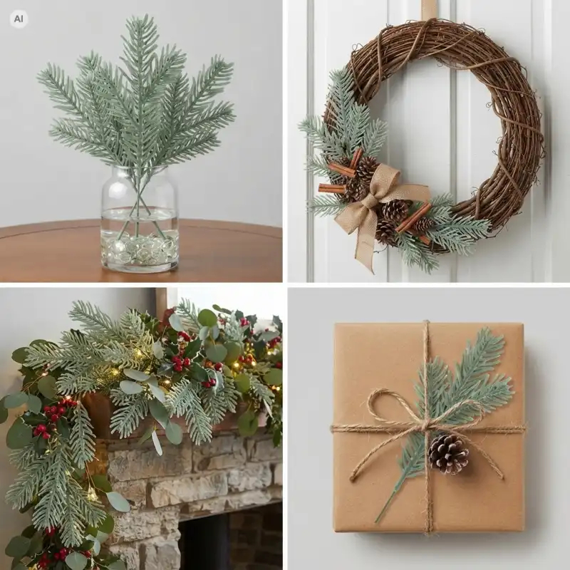Kolaż przedstawiający gałązkę bożonarodzeniową świerk 20 cm Trend Deco w szklanym wazonie, na wieńcu i prezencie.