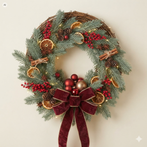 Bożonarodzeniowy węcz dekoracyjny z gałązką świerka 20 cm Trend Deco, bombkami, czerwoną kokardą i suszonymi pomarańczami.