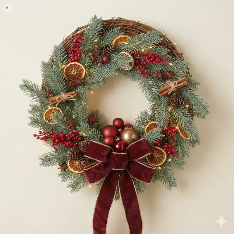 Bożonarodzeniowy węcz dekoracyjny z gałązką świerka 20 cm Trend Deco, bombkami, czerwoną kokardą i suszonymi pomarańczami.