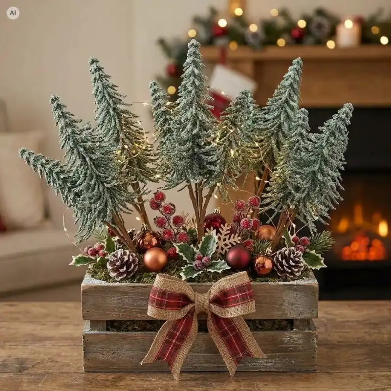 Świąteczna kompozycja w drewnianej skrzynce z choinkami na piku i bombkami od marki Trend Deco.