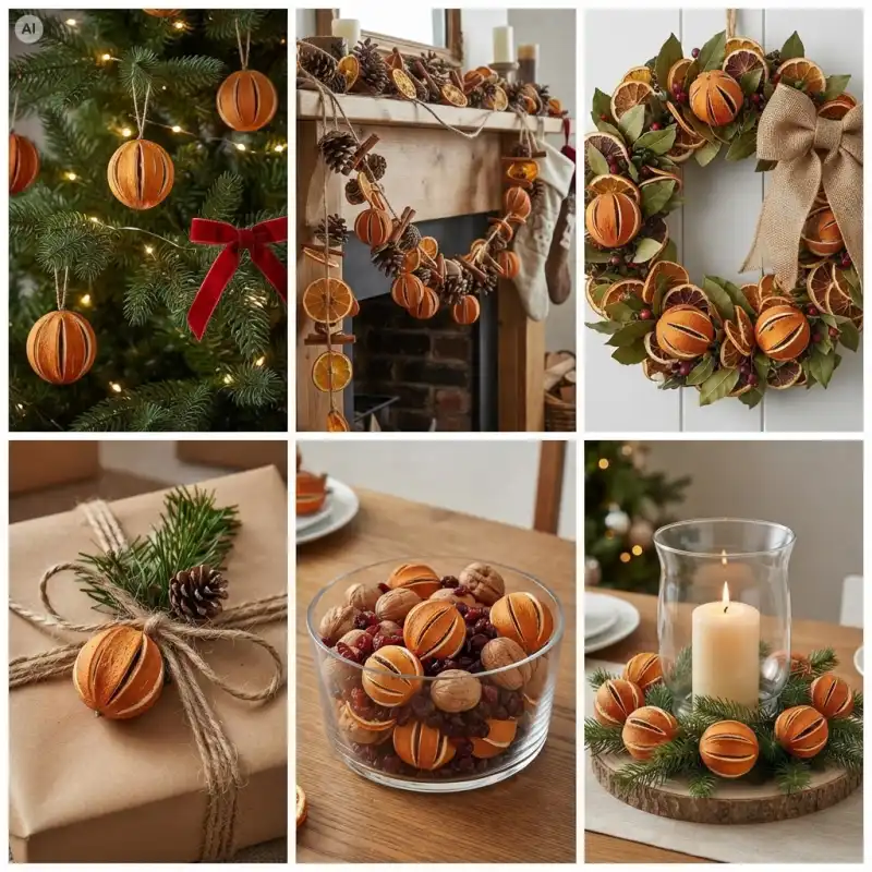 Kolaż pokazujący nacięte suszone pomarańcze Trend Deco w różnych świątecznych aranżacjach i dekoracjach.