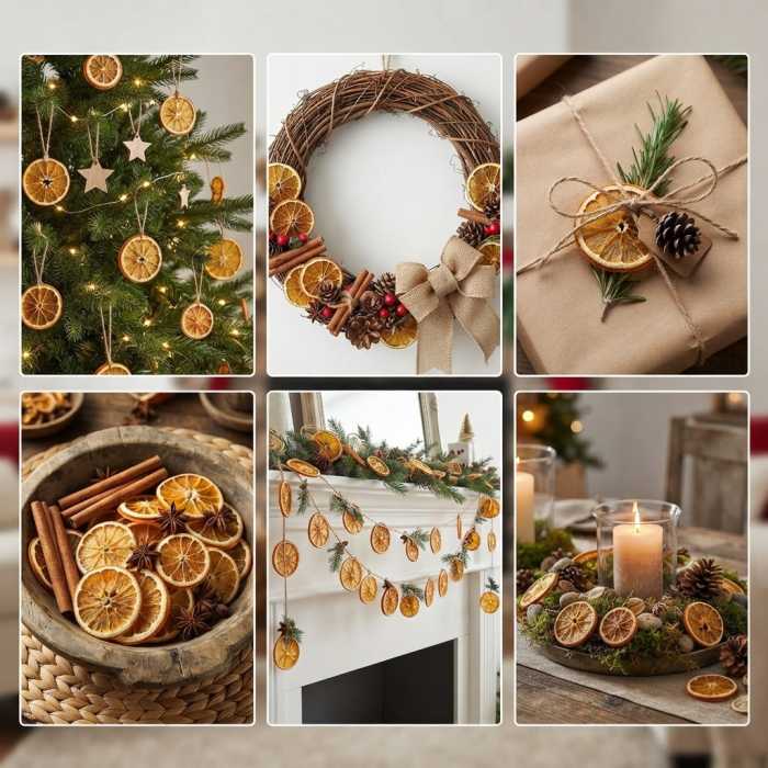 Kolaż przedstawiający bożonarodzeniowe dekoracje z suszonymi plastrami pomarańczy Trend Deco na choince, wianku i prezencie