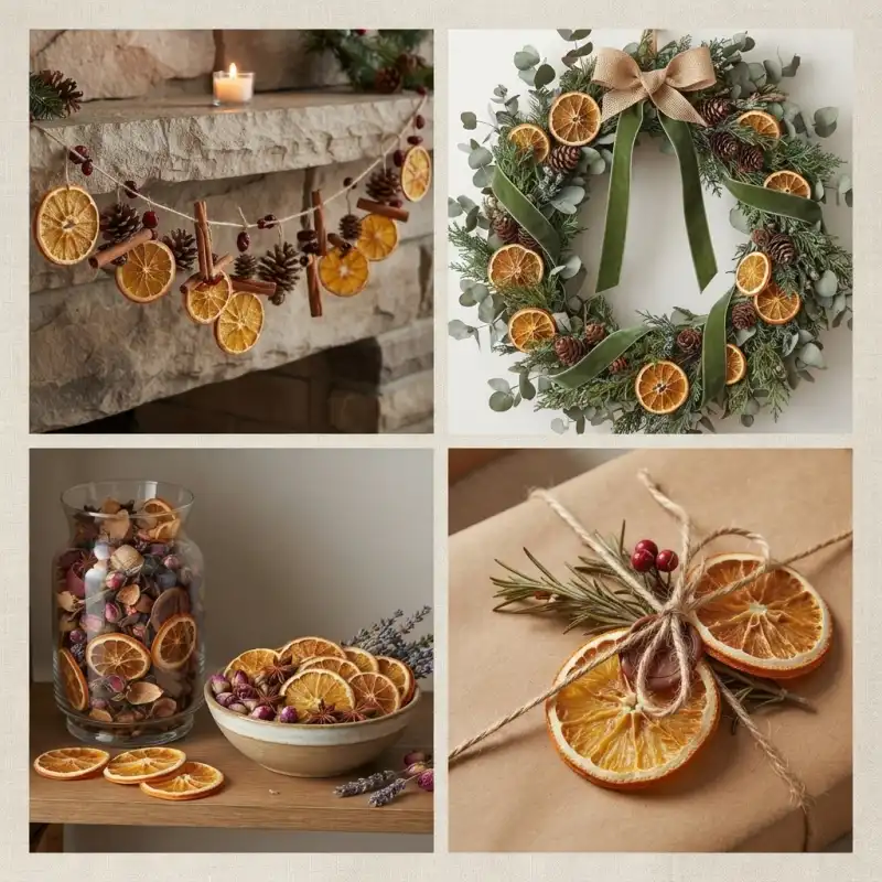 Zestaw inspiracji florystycznych Trend Deco pokazujący girlandę, wianek i naczynie z suszonymi plastrami pomarańczy i cynamonem