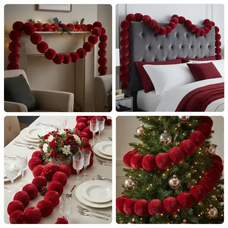 Kolaż zdjęć przedstawiający bordową puszystą girlandę z kul Trend Deco w różnych domowych aranżacjach.
