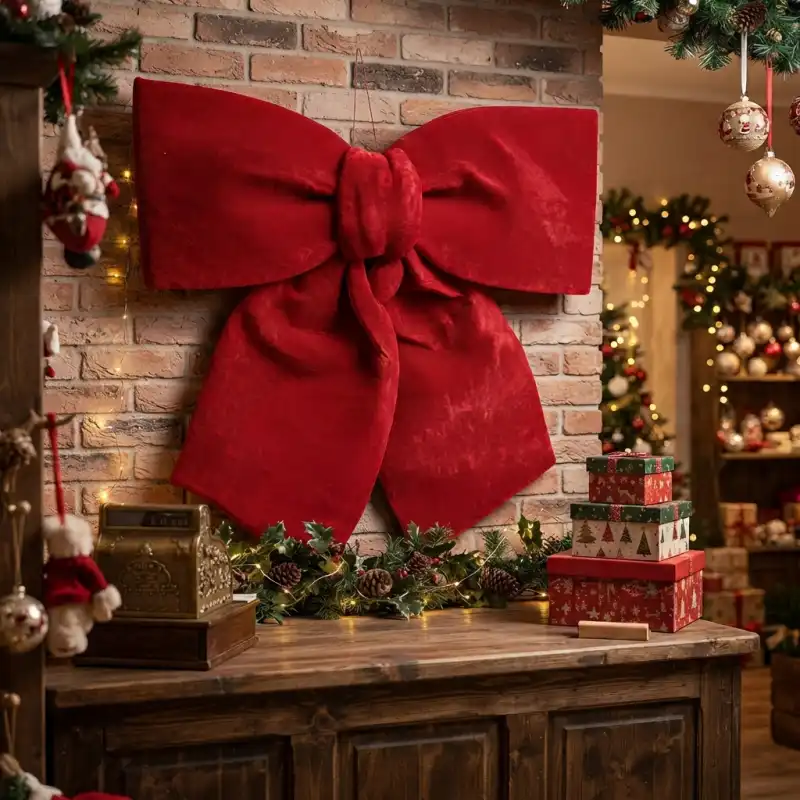 Oryginalna aranżacja wnętrza z czerwoną kokardą z weluru Trend Deco wiszącą na ścianie