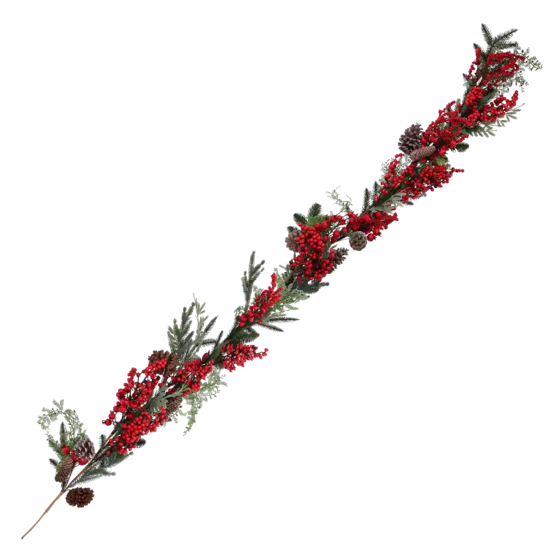 Długa świąteczna gałązka dekoracyjna 170 cm Trend Deco w pełnej okazałości na białym tle.