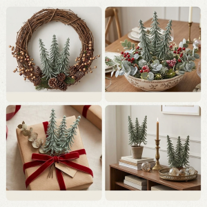 Kompozycja z choinek na piku 30 cm komplet 18 szt. Trend Deco na stole wigilijnym.