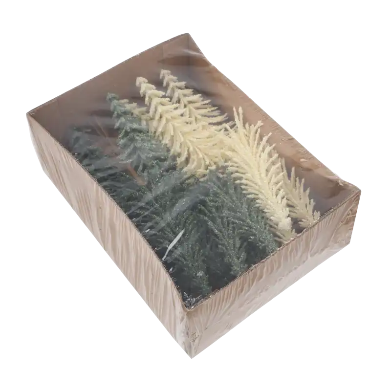 Aranżacja wnętrza z choinkami na piku 30 cm komplet 18 szt. Trend Deco na komodzie.