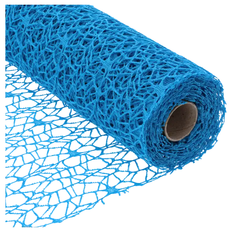Rolkowa prezentacja niebieskiej siatki z organzy Trend Deco o szerokości 48 cm.
