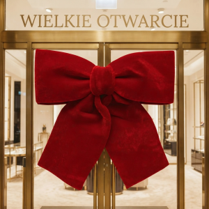 Czerwona kokarda z miękkiego weluru Trend Deco zawieszona na przeszklonych drzwiach wejściowych.