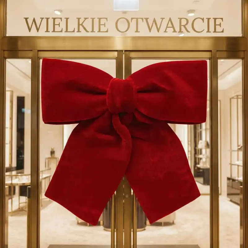 Czerwona kokarda z miękkiego weluru Trend Deco zawieszona na przeszklonych drzwiach wejściowych.
