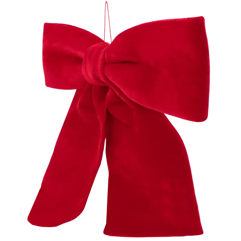 Czerwona kokarda welurowa Trend Deco o wymiarze 100cm zaprezentowana w ujęciu pod kątem.