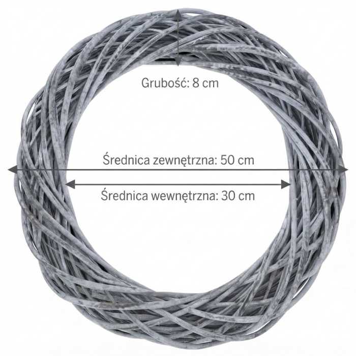 Szary wianek wiklinowy o średnicy 50 cm z widocznymi wymiarami technicznymi na grafice.