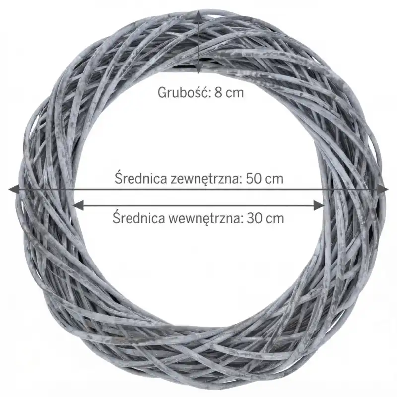 Szary wianek wiklinowy o średnicy 50 cm z widocznymi wymiarami technicznymi na grafice.