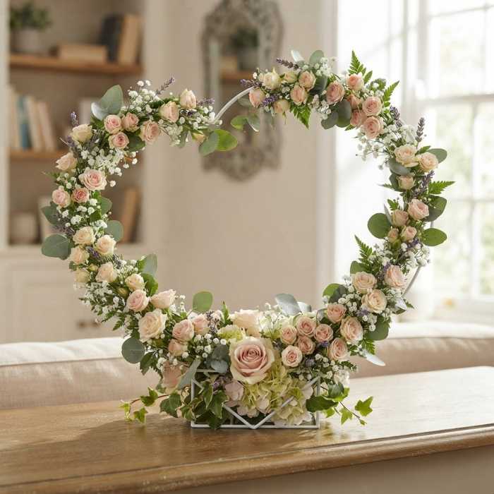 Białe metalowe serce 45 cm w aranżacji florystycznej z różami i eukaliptusem.