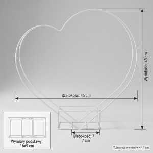 Infografika przedstawiająca białe metalowe serce na kompozycje o wymiarach 45x43 cm z podstawą 16x9 cm i głębokością 7 cm.