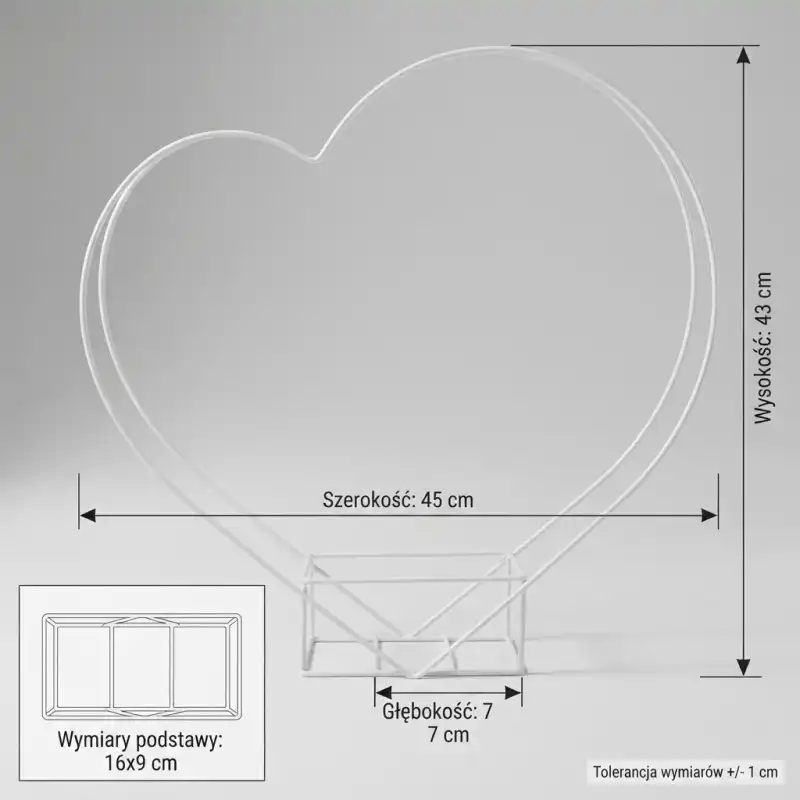 Infografika przedstawiająca białe metalowe serce na kompozycje o wymiarach 45x43 cm z podstawą 16x9 cm i głębokością 7 cm.