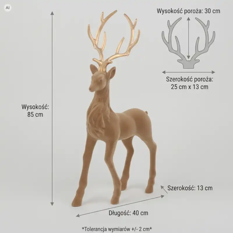 Grafika techniczna przedstawiająca beżowego, flokowanego renifera dekoracyjnego o wysokości 85 cm ze złotym porożem i wymiarami.