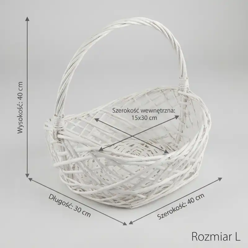 Biały kosz wiklinowy 43 cm z folią ochronną i wymiarami technicznymi naniesionymi na grafikę.