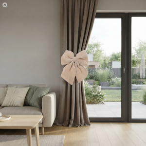 Kremowa welurowa kokarda dekoracyjna 40 cm użyta jako elegancka spinka upinająca zasłonę w nowoczesnym salonie.