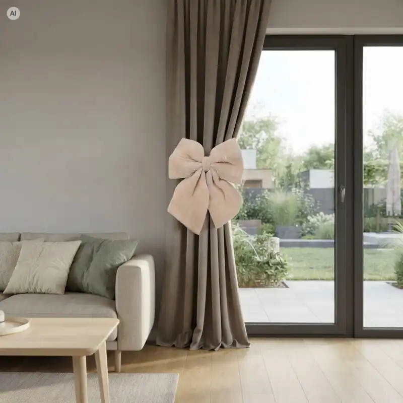 Kremowa welurowa kokarda dekoracyjna 40 cm użyta jako elegancka spinka upinająca zasłonę w nowoczesnym salonie.
