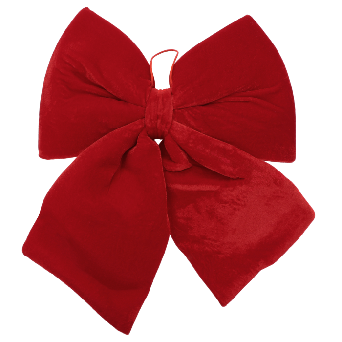 Czerwona welurowa kokarda 40 cm na białym tle jako elegancka ozdoba bożonarodzeniowa.
