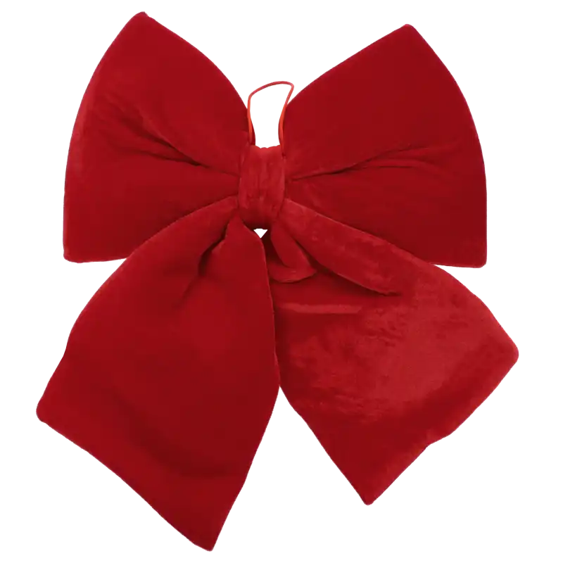Czerwona welurowa kokarda 40 cm na białym tle jako elegancka ozdoba bożonarodzeniowa.