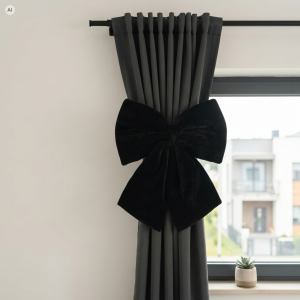 Czarna welurowa kokarda dekoracyjna 40 cm przypięta jako elegancka ozdoba na szarej zasłonie w nowoczesnym wnętrzu.
