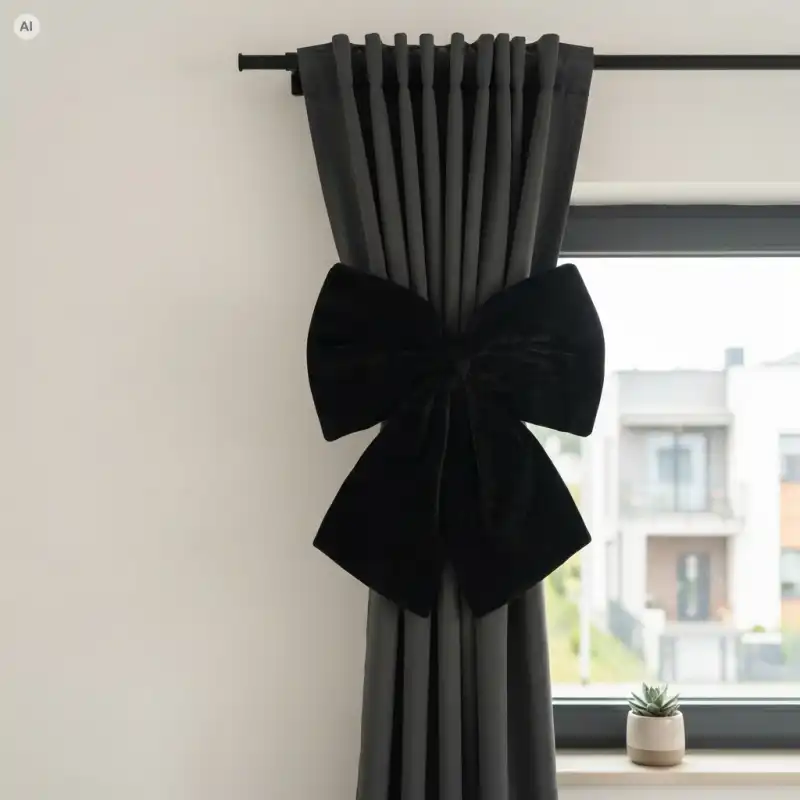 Czarna welurowa kokarda dekoracyjna 40 cm przypięta jako elegancka ozdoba na szarej zasłonie w nowoczesnym wnętrzu.