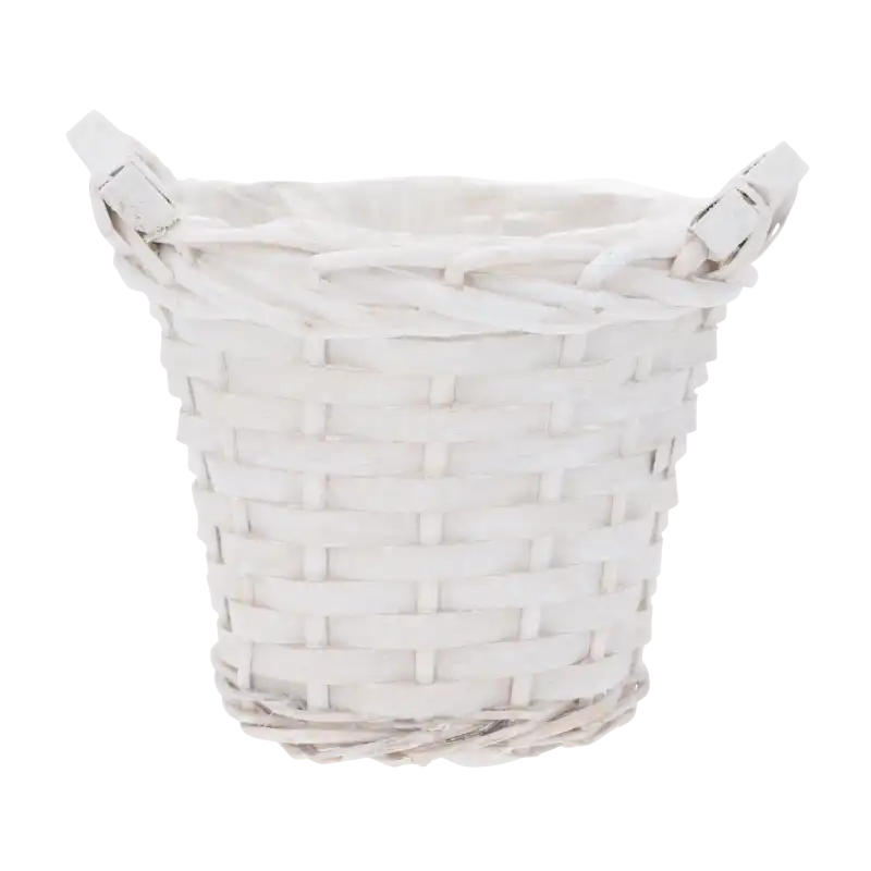 Biała okrągła wiklinowa osłonka o średnicy 14 cm na białym tle