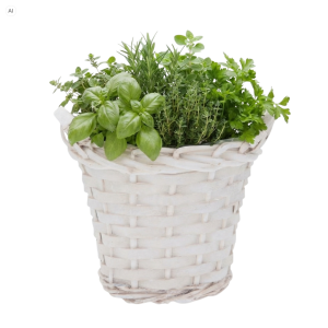 Biała okrągła wiklinowa osłonka 14 cm z zielonymi ziołami