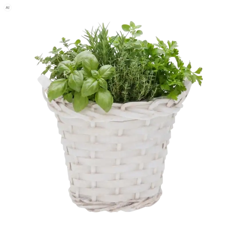 Biała okrągła wiklinowa osłonka 14 cm z zielonymi ziołami