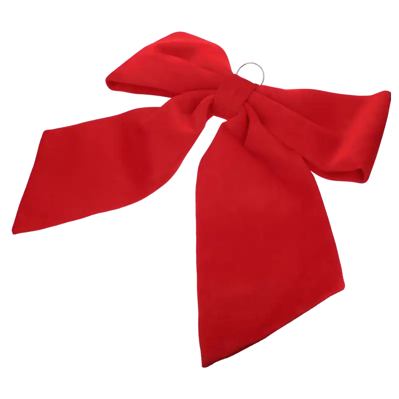 Czerwona welurowa kokarda dekoracyjna o rozmiarze 65 cm z widocznym pierścieniem do zawieszania na białym tle.